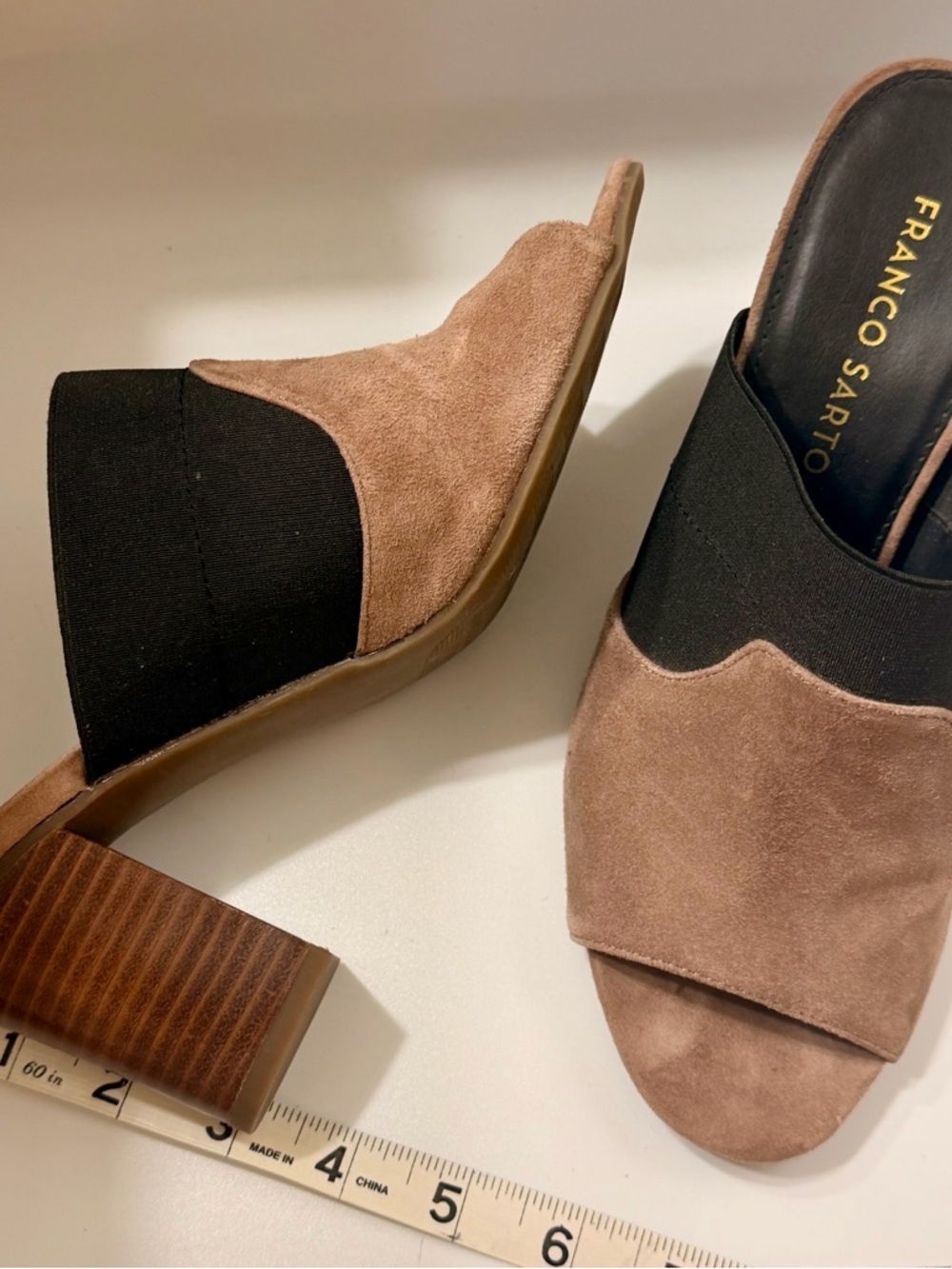 Franco Sarto Carmel Color Suede Open-Toe Mule with Black Elastic Band